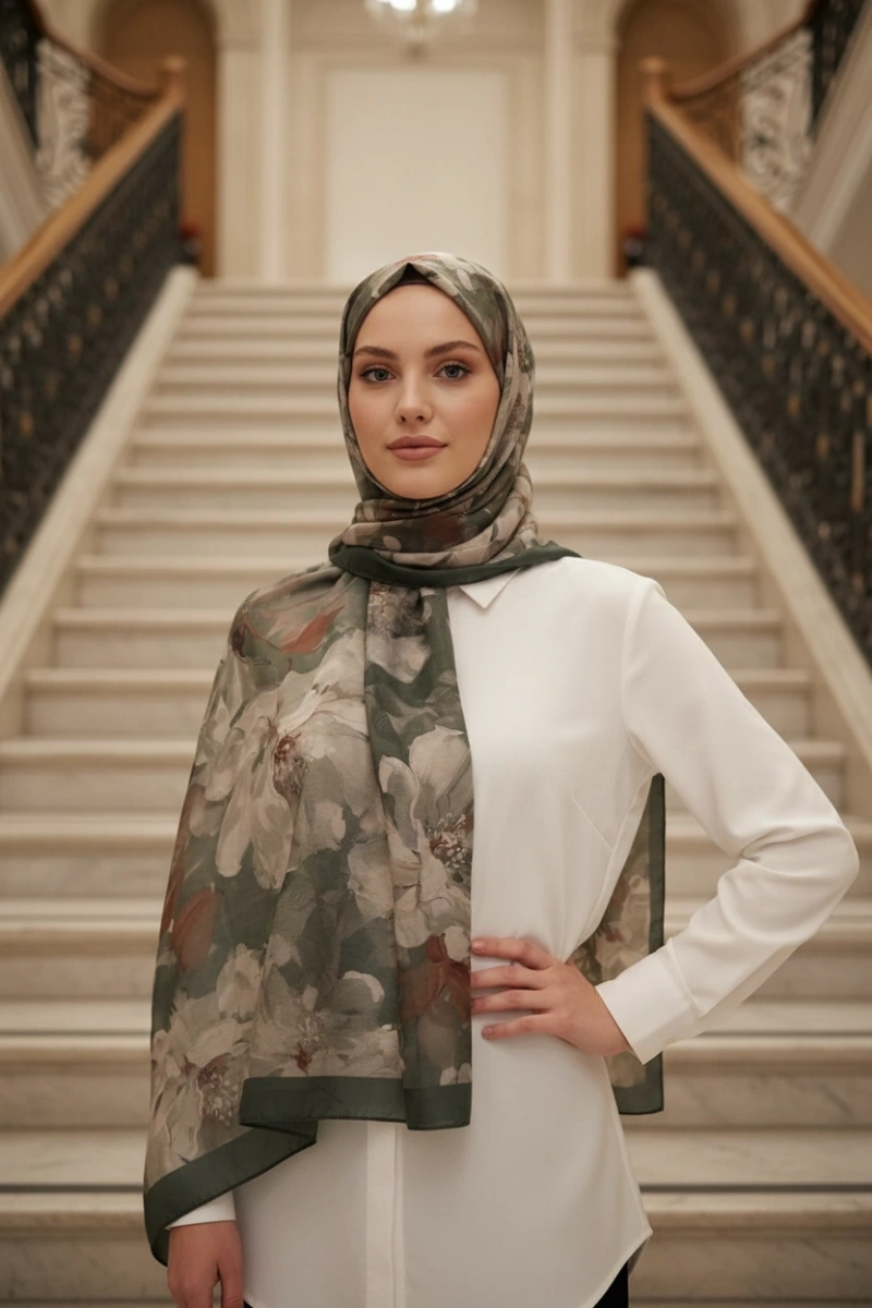 Sedef Model Retro Desen Şal - Orman Yeşili