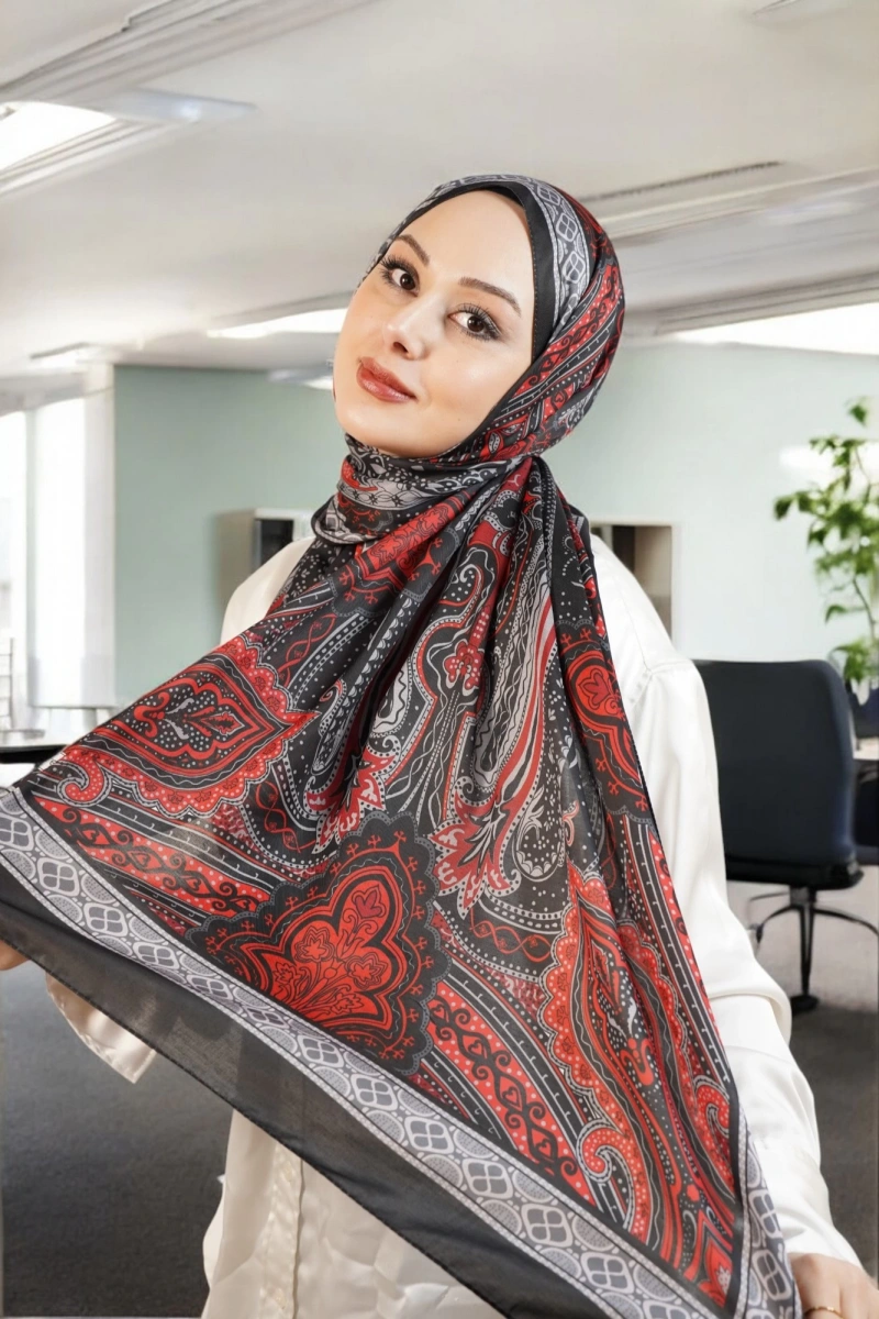 Ürdün Model Retro Şal - Siyah - Kırmızı