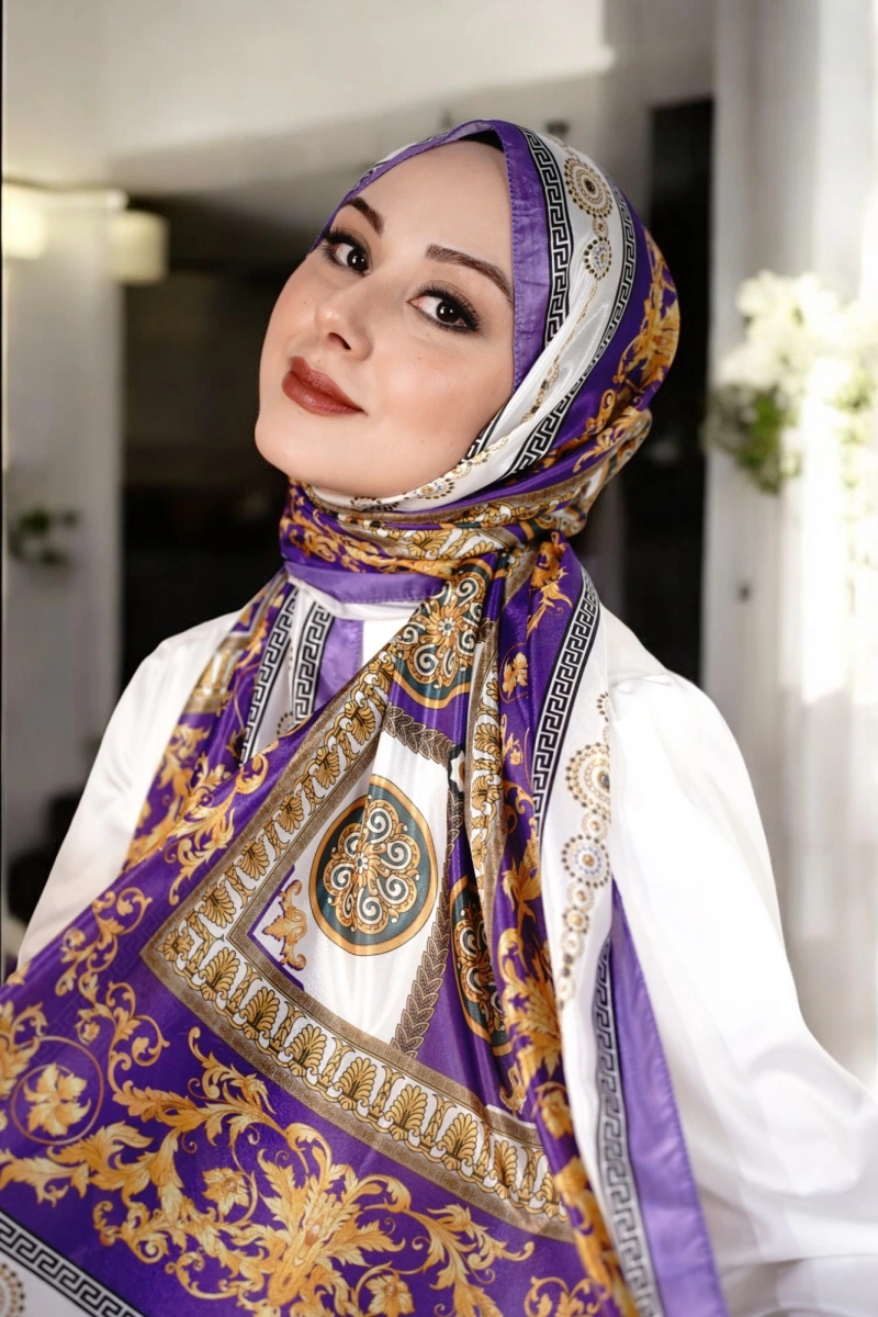 V Model Vual İpek Şal - Mor - Ekru