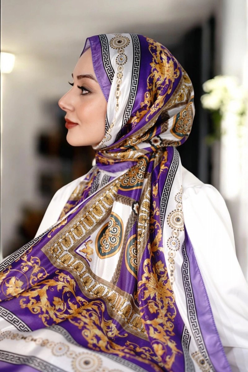 V Model Vual İpek Şal - Mor - Ekru