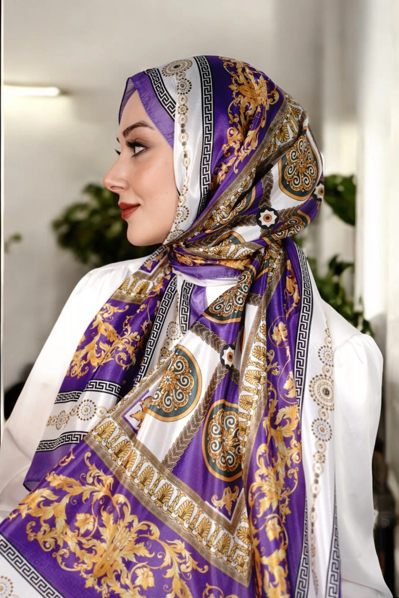 V Model Vual İpek Şal - Mor - Ekru