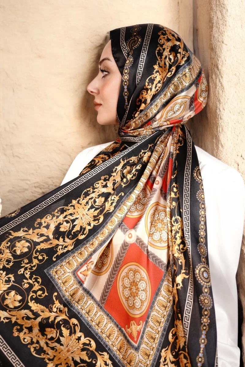 V Model Vual İpek Şal - Koyu Siyah