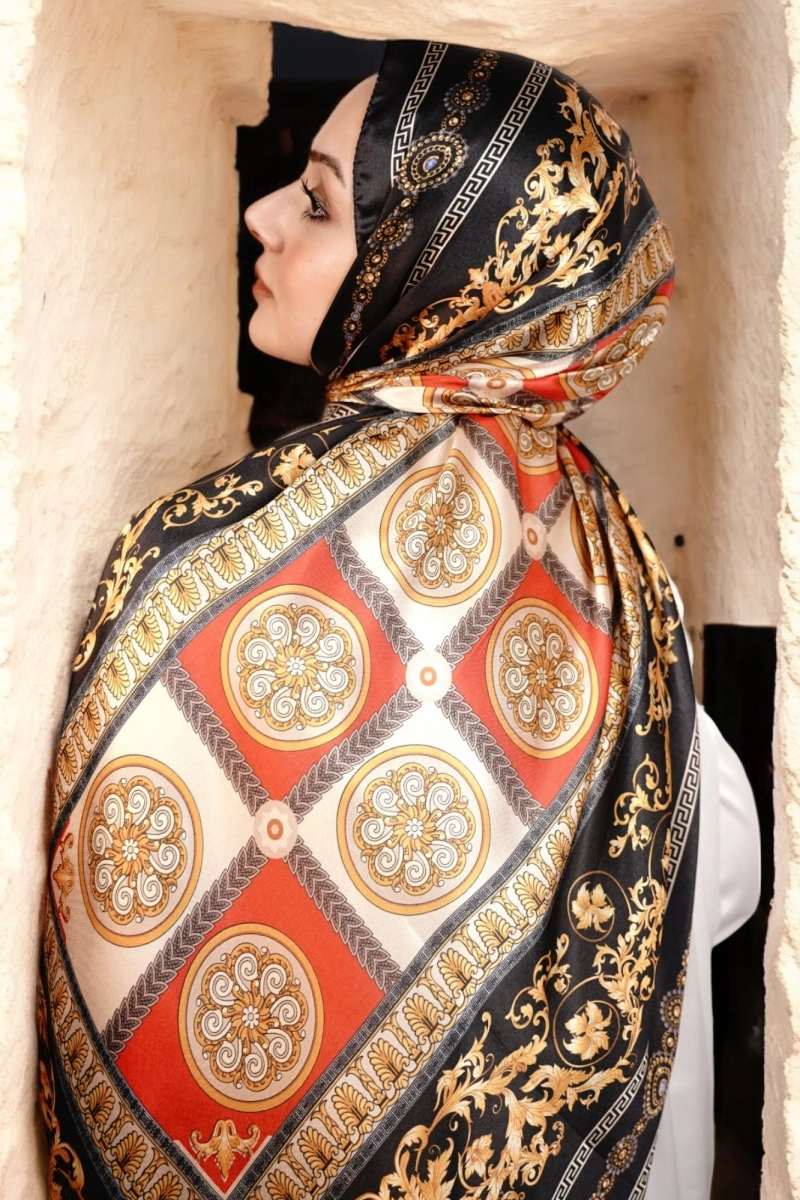 V Model Vual İpek Şal - Koyu Siyah