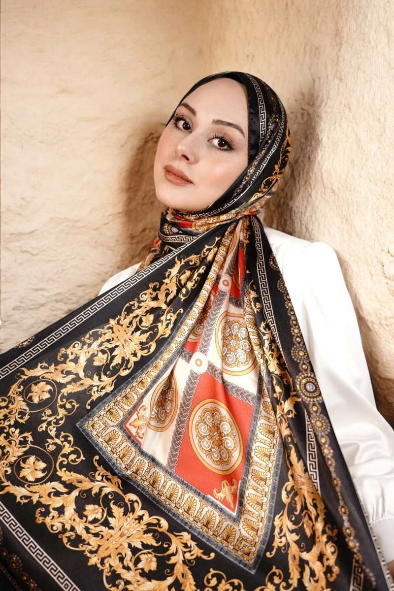V Model Vual İpek Şal - Koyu Siyah