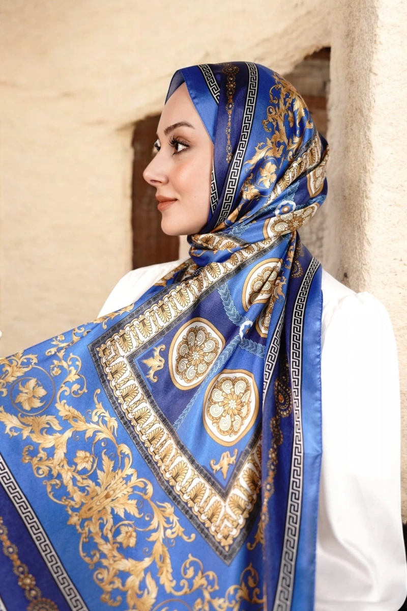 V Model Vual İpek Şal - İndigo