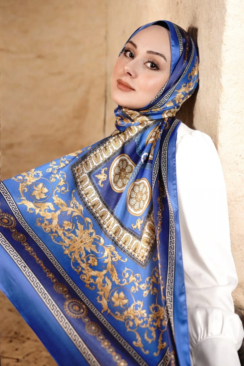 V Model Vual İpek Şal - İndigo