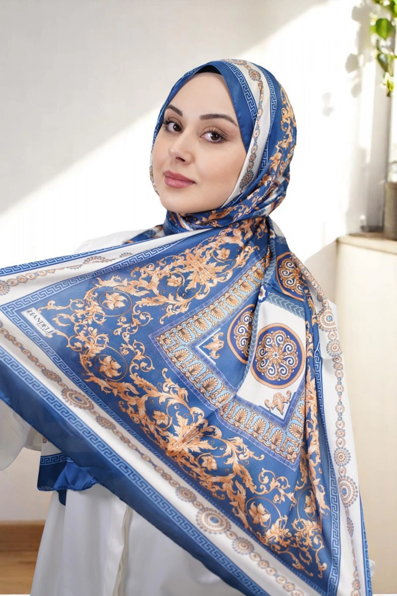 V Model Vual İpek Şal - Lacivert