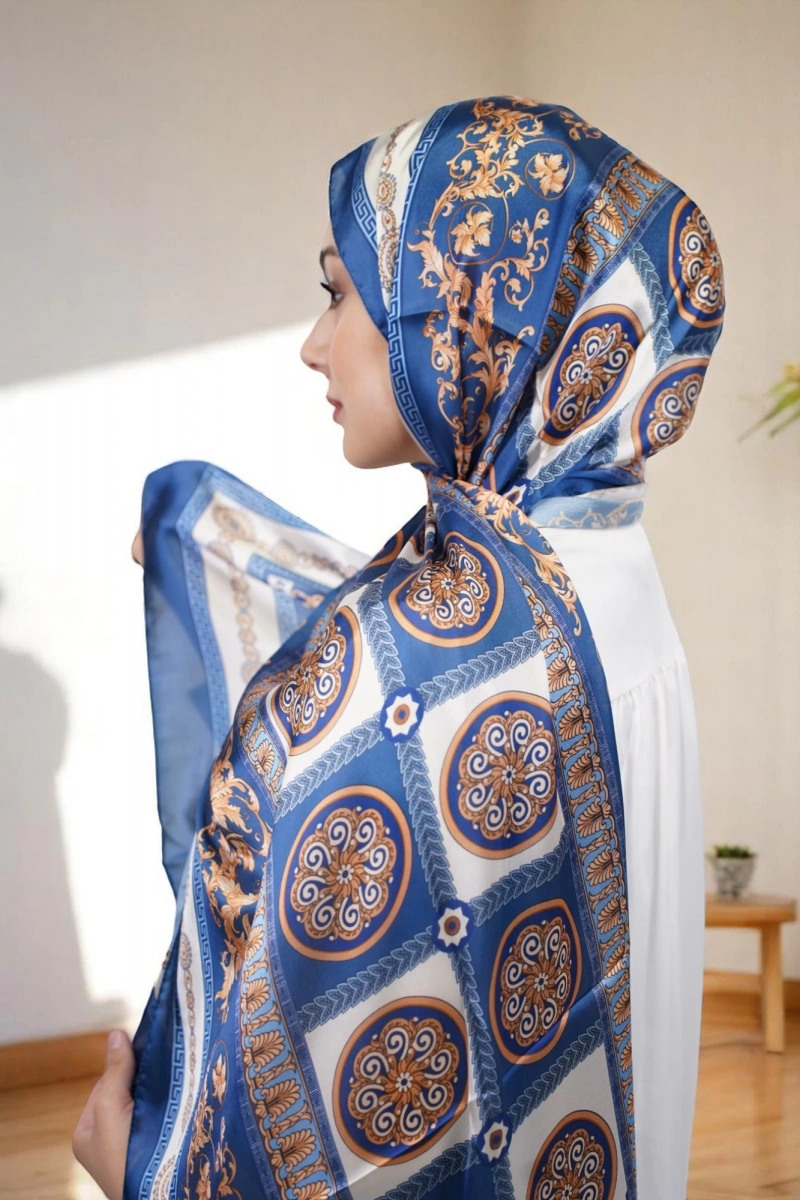 V Model Vual İpek Şal - Lacivert