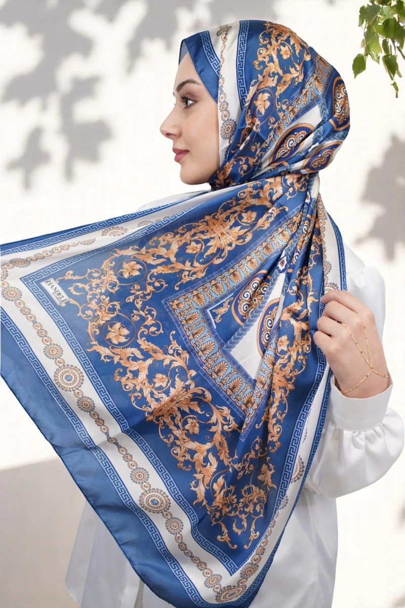 V Model Vual İpek Şal - Lacivert