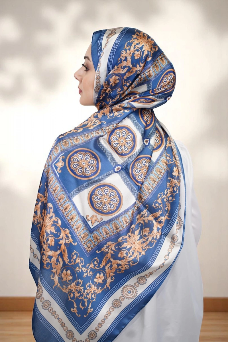 V Model Vual İpek Şal - Lacivert