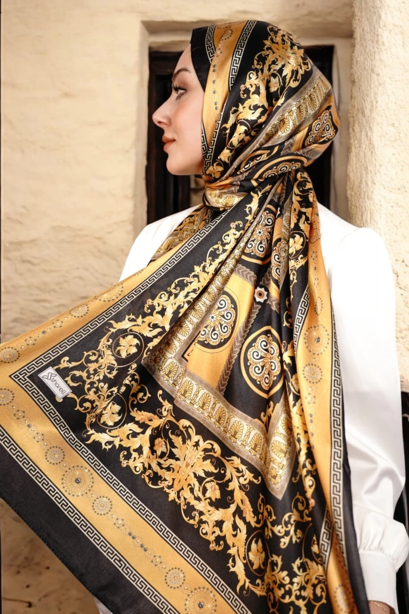 V Model Vual İpek Şal - Siyah Gold
