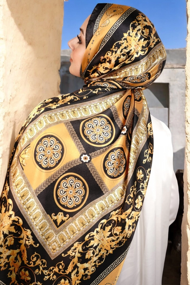 V Model Vual İpek Şal - Siyah Gold