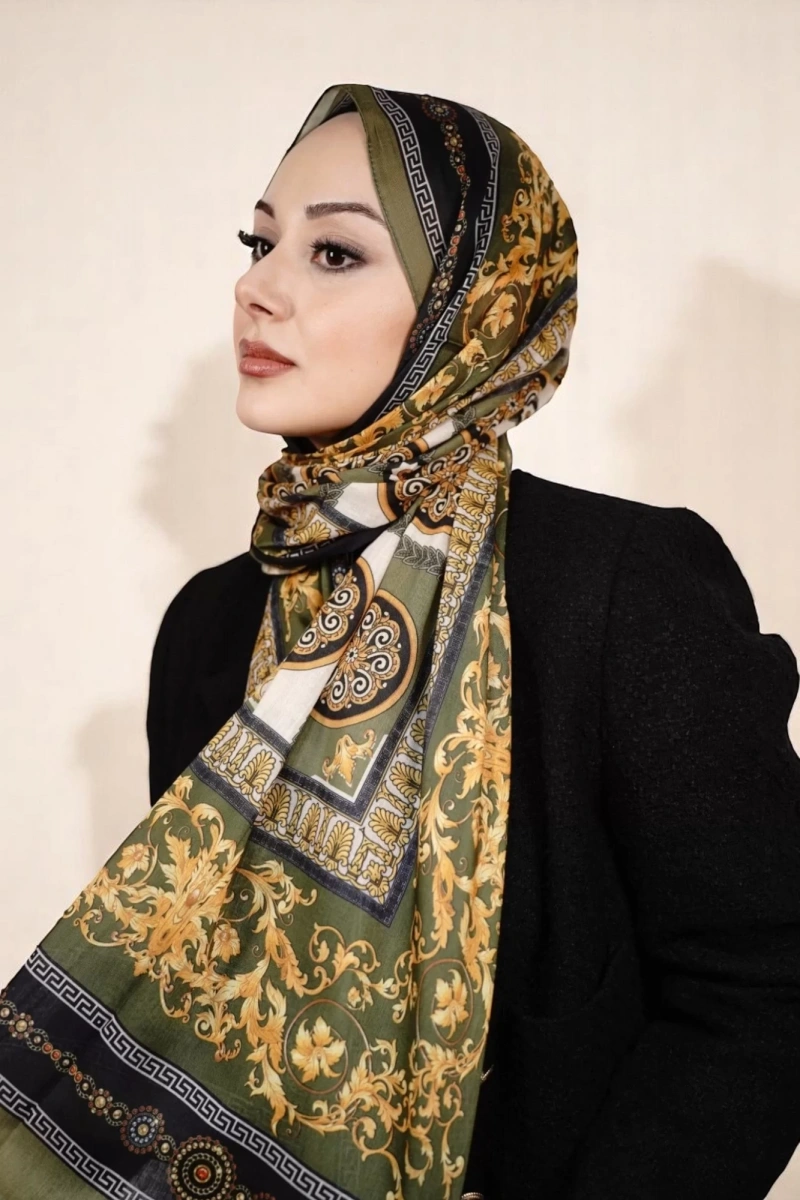 V Model Vual İpek Şal - Yeşil