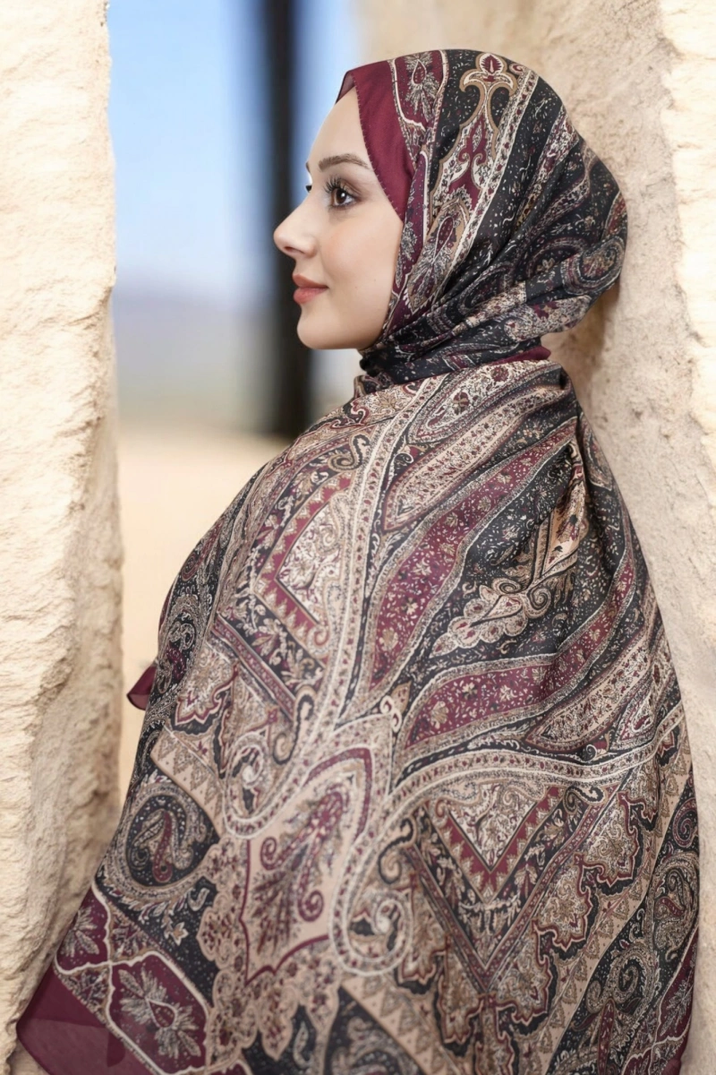Violet Model Retro Şal - Bordo Siyah