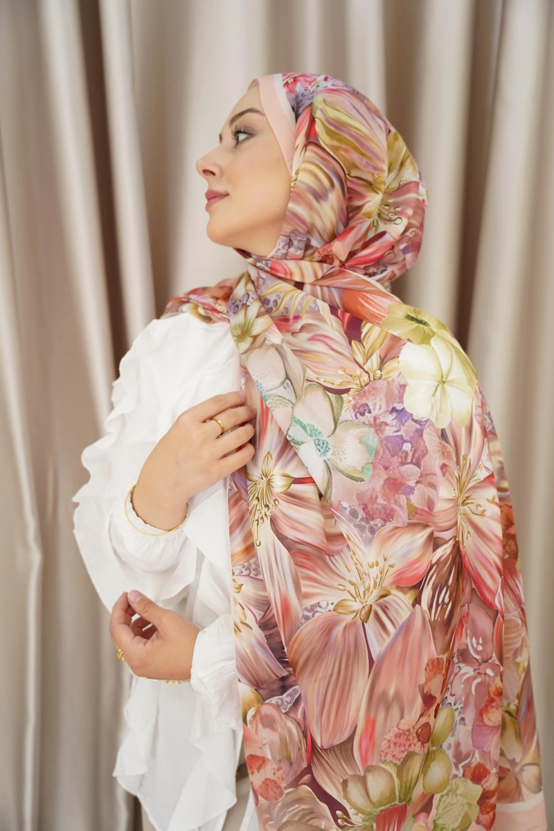 Lavanta Model Retro Desen Şal - Somon Kahve