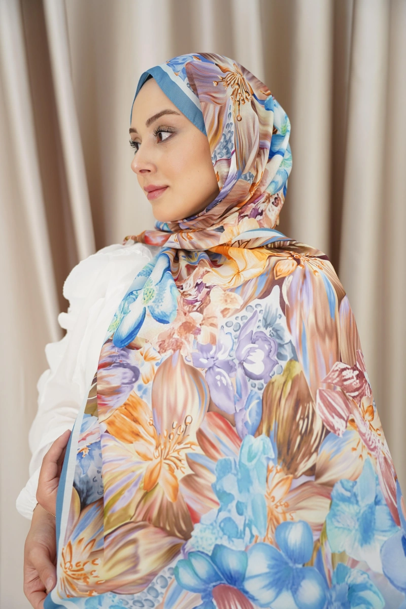 Lavanta Model Retro Desen Şal - Turkuaz