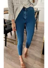 Indigo Mavi Yüksek Bel Skinny Fit Jean Likralı Önü Cepsiz Tayt Pantolon