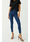 Koyu Mavi Yüksek Bel Skinny Fit Jean Likralı Önü Cepsiz Tayt Pantolon