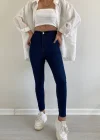 Dark Blue Yüksek Bel Skinny Fit Jean Likralı Önü Cepsiz Tayt Pantolon