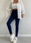Dark Blue Yüksek Bel Skinny Fit Jean Likralı Önü Cepsiz Tayt Pantolon