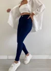Dark Blue Yüksek Bel Skinny Fit Jean Likralı Önü Cepsiz Tayt Pantolon