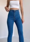 Açık Mavi Yüksek Bel Skinny Fit Jean Likralı Önü Cepsiz Tayt Pantolon