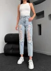 Premium Yırtık Buz Mavi Mom Jeans