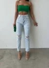 Premium Yırtık Detay Buz Mavi Mom Jeans