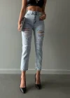 Premium Yırtık Detay Buz Mavi Mom Jeans