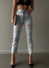 Premium Yırtık Detay Buz Mavi Mom Jeans