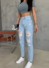 Premium Yırtık Detay Açık Mavi Mom Jeans