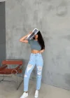 Premium Yırtık Detay Açık Mavi Mom Jeans