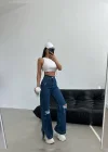 Lazer Detaylı Koyu Mavi Premium Yıkamalı Wide Leg Jeans