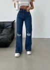 Lazer Detaylı Koyu Mavi Premium Yıkamalı Wide Leg Jeans