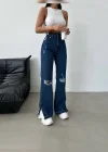 Lazer Detaylı Koyu Mavi Premium Yıkamalı Wide Leg Jeans