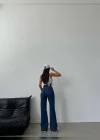 Lazer Detaylı Koyu Mavi Premium Yıkamalı Wide Leg Jeans