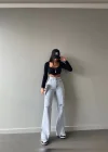 Buz Mavi Lazer Detaylı Premium Yıkamalı Wide Leg Jeans