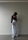 Buz Mavi Lazer Detaylı Premium Yıkamalı Wide Leg Jeans