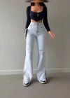 Buz Mavi Lazer Detaylı Premium Yıkamalı Wide Leg Jeans