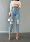 Premium Yırtık Detay Mavi Mom Jeans