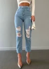 Premium Yırtık Detay Mavi Mom Jeans