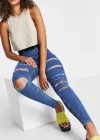 Yırtık Mavi Yüksek Bel Skinny Fit Jean Likralı Önü Cepsiz Tayt Pantolon
