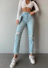 Premium Yırtık Mavi Mom Jeans