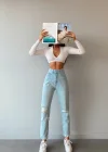 Premium Yırtık Mavi Mom Jeans