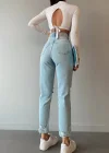 Premium Yırtık Mavi Mom Jeans