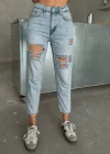 Kadın Yüksek Bel Mom Jean Yırtık Detaylı Buz Mavi Rahat Kesim Denim Pantolon