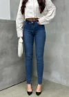 Kadın Orta Mavi Yüksek Bel Skinny Jean Pantolon Dar Paça Toparlayıcı Esnek Denim Kot
