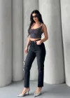 Kadın Antrasit Yırtık Detaylı Mom Jean Yüksek Bel Rahat Kalıp Denim Pantolon