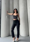 Kadın Antrasit Yırtık Detaylı Mom Jean Yüksek Bel Rahat Kalıp Denim Pantolon