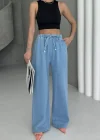Beli Lastikli Palazzo Pantolon Orta Mavi Yüksek Bel Bol Paça Rahat Salaş Kadın Pantolon